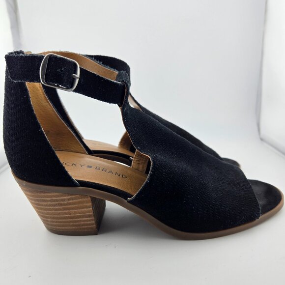 Lucky Brand Baxley Black Suede Bootie Sandals | Size 7M Peep Toe Ankle Strap - Picture 6 of 13